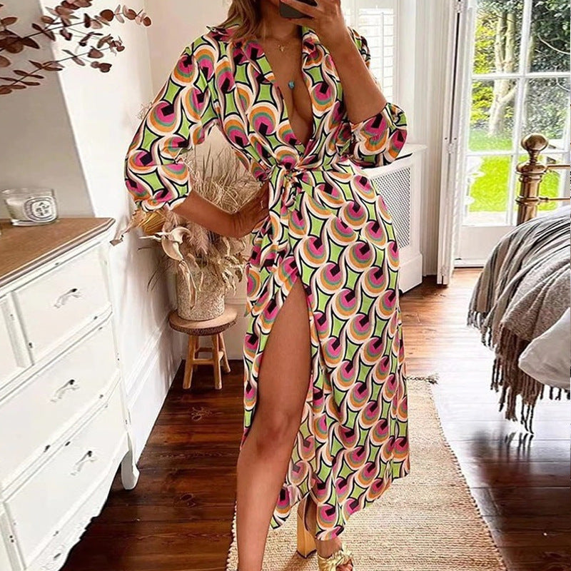Women Clothing Autumn Sexy Slit Lace up Waist Controlled V neck Shirt Elegant Dress Women by Ragazza