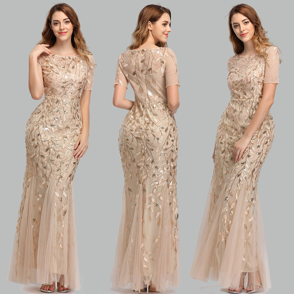 Summer Autumn Banquet Host Slim Mesh Sequ Evening Dress Fishtail Dress for Women by Ragazza