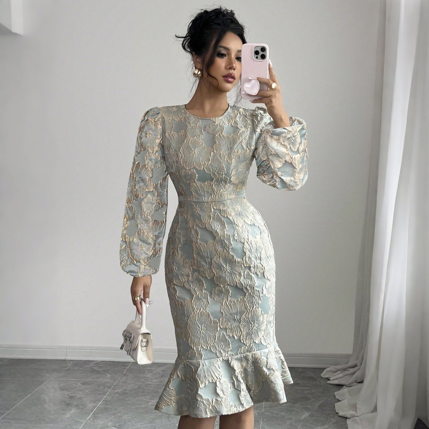 Printed Dress Spring Autumn Lantern Sleeve Fishtail round Neck Elegant Slim Fit Dress by Ragazza