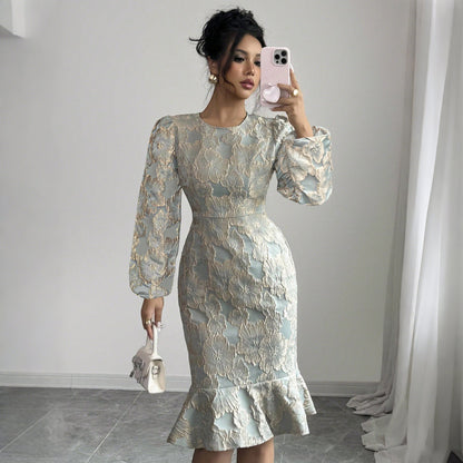Printed Dress Spring Autumn Lantern Sleeve Fishtail round Neck Elegant Slim Fit Dress by Ragazza
