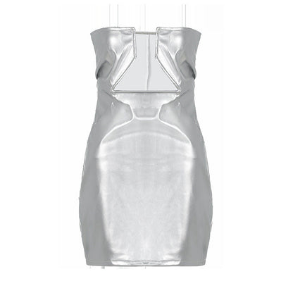 Women Clothing Faux Leather Personality off Neck Low Cut Sexy Sheath Sleeveless Backless Dress Women by Ragazza