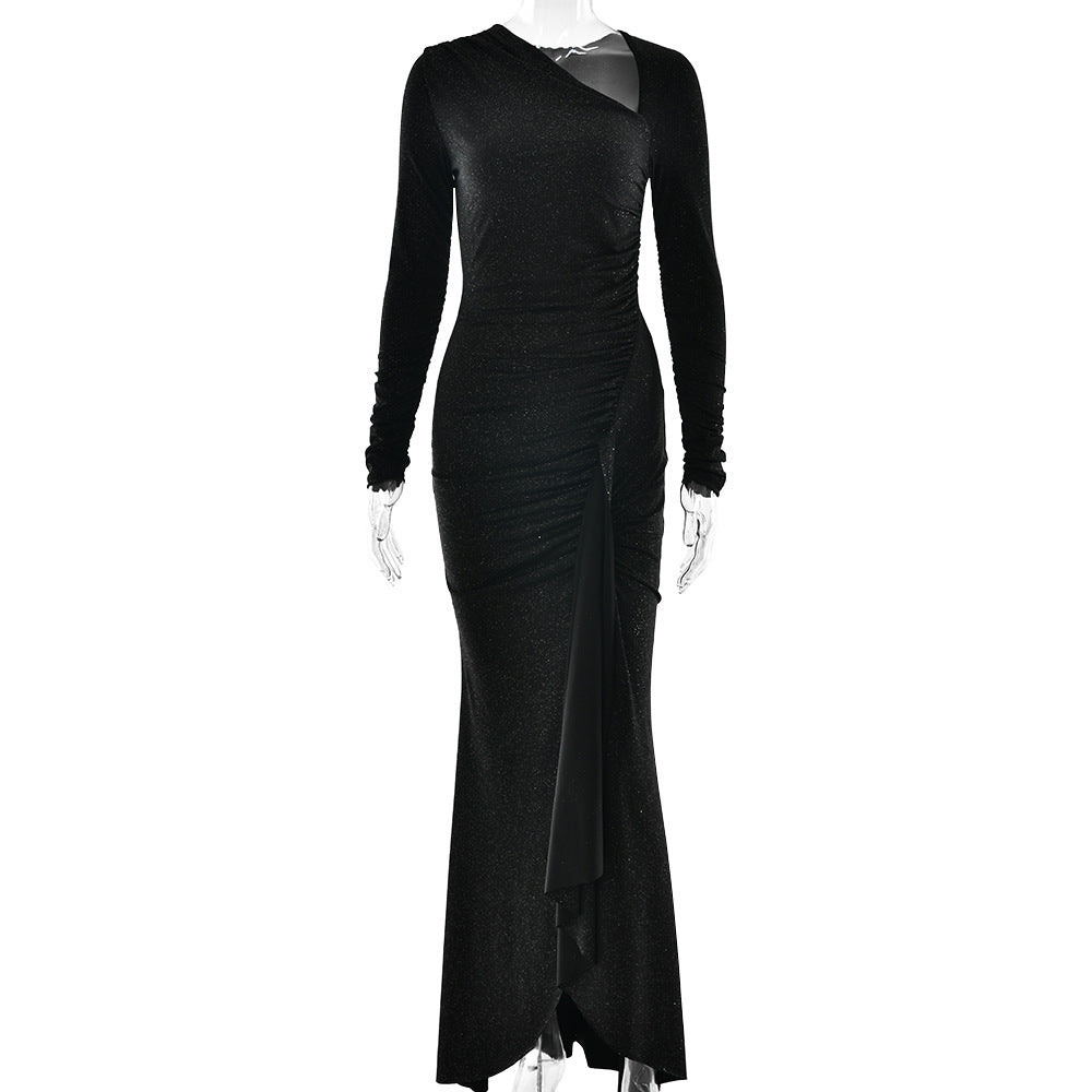 Elegant Slim Women Clothing Dress Diagonal Collar Long Sleeve Pleated Sexy Bright Silk Dress by Ragazza