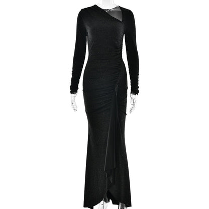 Elegant Slim Women Clothing Dress Diagonal Collar Long Sleeve Pleated Sexy Bright Silk Dress by Ragazza