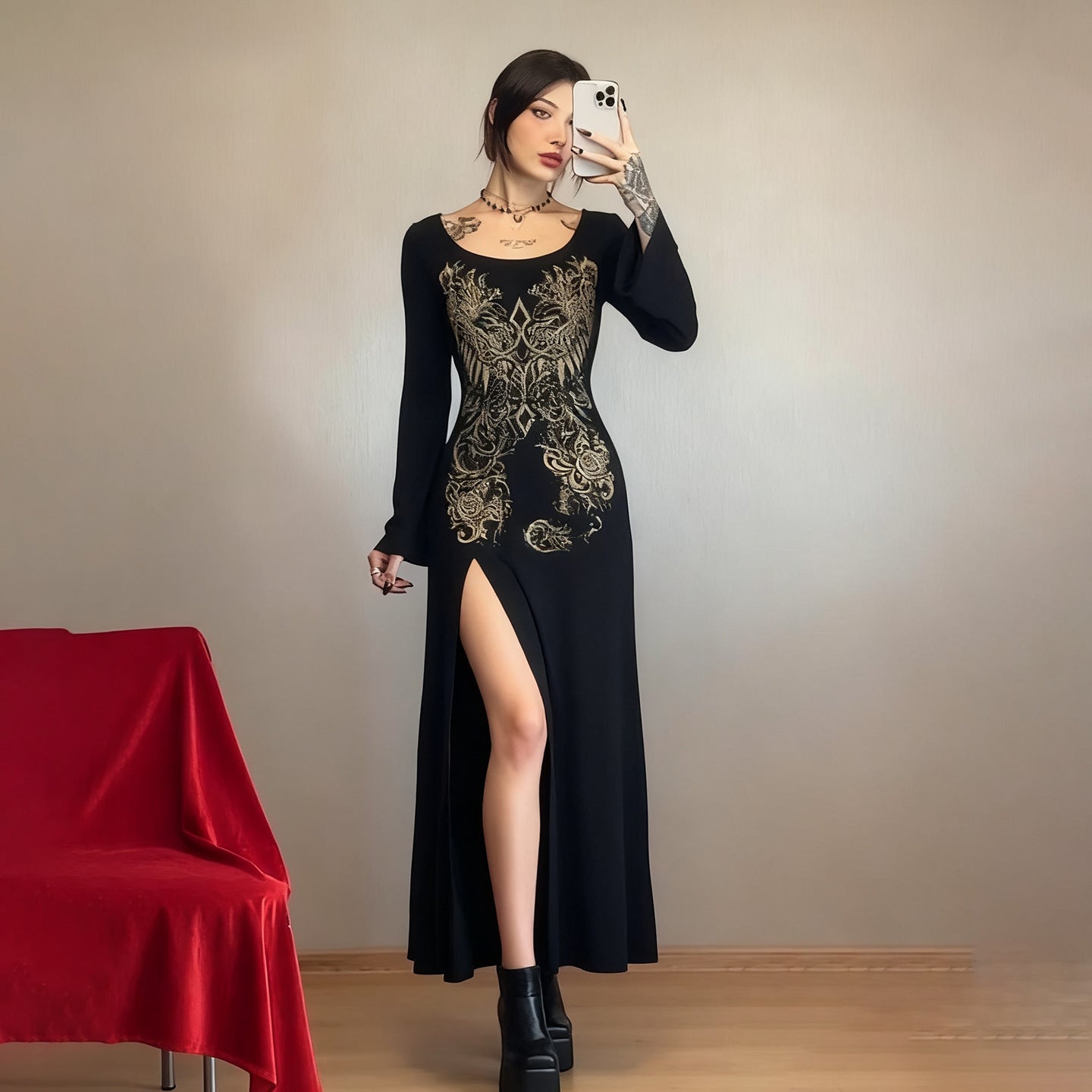 Arrival Dark Street Retro Printed Sexy Long Sleeved Dress Women Split Niche Dress by Ragazza