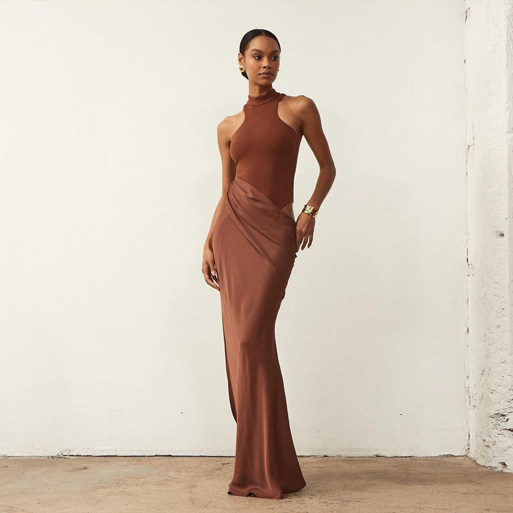 Women Dress round Neck Sleeveless Slim Fitting Patchwork Maxi Dress Hollowed out Dress by Ragazza