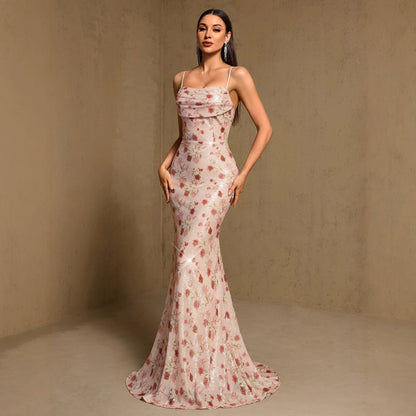 Summer Autumn Quality Suspender Pleated Back Strap Fishtail Dress Full Lining Party Evening Dress  DestGlow