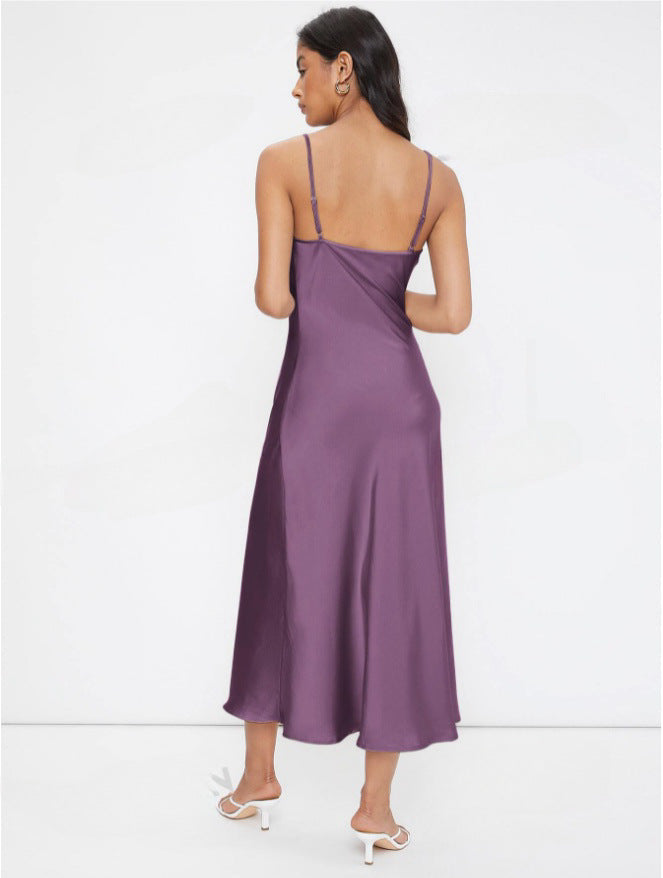 Women Clothing Spring Summer Satin Sling Deep V Plunge neck Slim Solid Color Dress by Ragazza