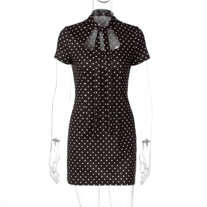 Women Clothing Summer Sexy Polka Dot Self Tie Slim Sheath Dress  DestGlow
