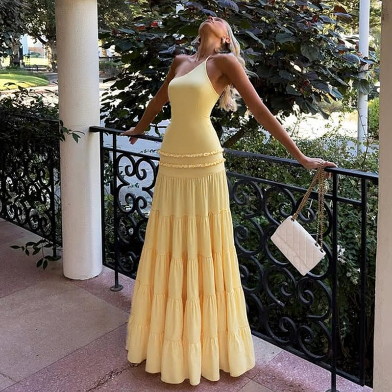 Sexy Hollow Out Cutout out Backless Stitching Tied One Shoulder Pleated Multi Layer Maxi Dress Women by Ragazza