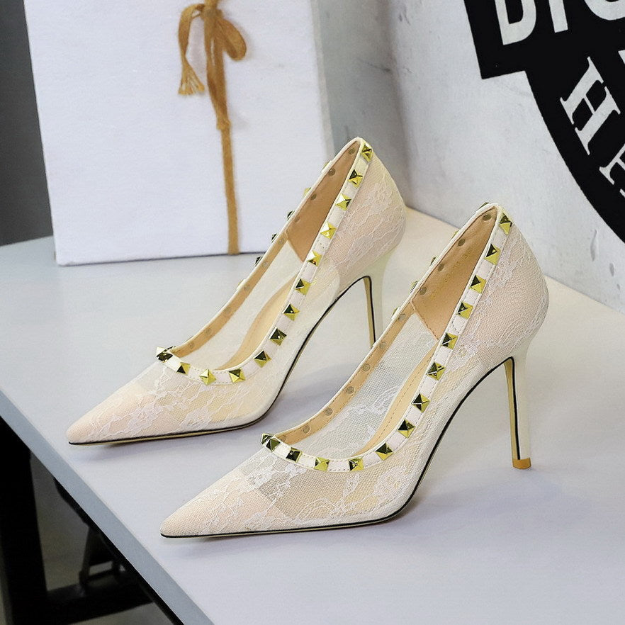 Sexy Lace Mesh Pointed Toe Super High Heel Women Shoes Decorative Rivets Low Cut Stiletto Heel Pumps  DestGlow