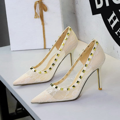 Sexy Lace Mesh Pointed Toe Super High Heel Women Shoes Decorative Rivets Low Cut Stiletto Heel Pumps  DestGlow