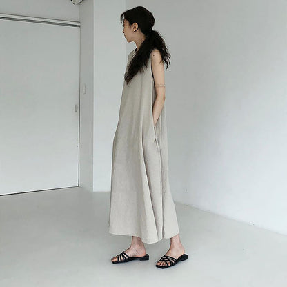 Cotton A line Loose Korean Dress Casual Minority All Match Solid Color Sleeveless round Neck Dress Women Clothing  DestGlow