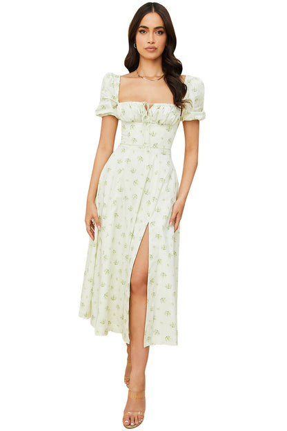 Women Summer Top Product Puff Sleeve Floral Tie Neck High Slit Women Dress Summer by Ragazza