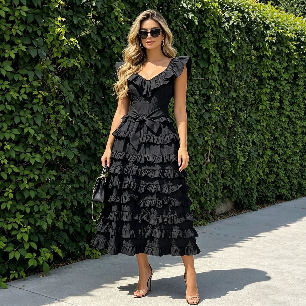 Summer Elegant Retro Flying Sleeves V neck Waist Controlled Slimming Solid Color Tiered Dress Women by Ragazza