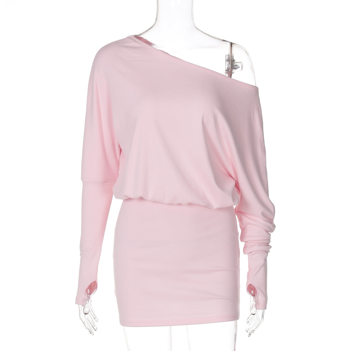 Women Clothing Autumn Personalized One Shoulder Cold Shoulder Long Sleeve Faux Two Piece Waist Slimming Hip by Ragazza