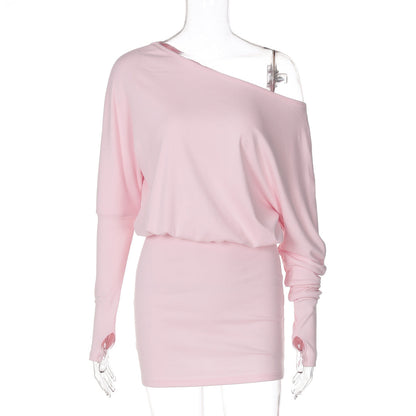 Women Clothing Autumn Personalized One Shoulder Cold Shoulder Long Sleeve Faux Two Piece Waist Slimming Hip by Ragazza