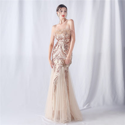 Ostrich Feather Positioning Floral Cutting Wedding Annual Meeting Tube Top Sequin Gauze Evening Dress by Ragazza