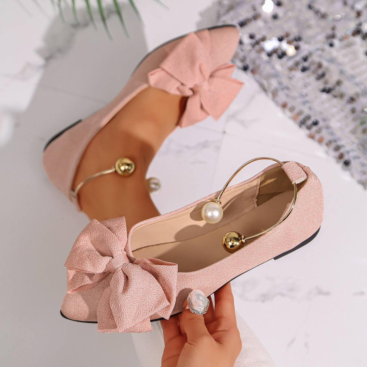 Metal Buckle Shallow Mouth Pumps Women Autumn Cloth Bow Pearl Four Seasons Work Shoes  DestGlow