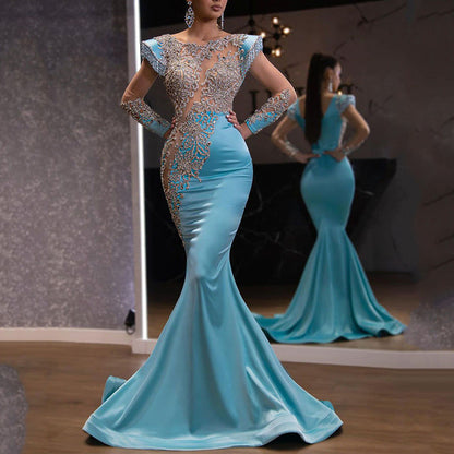 Daily Light Blue Fishtail Banquet Long Alluvial Gold Series Slimming Annual Party Evening Dress Women by Ragazza