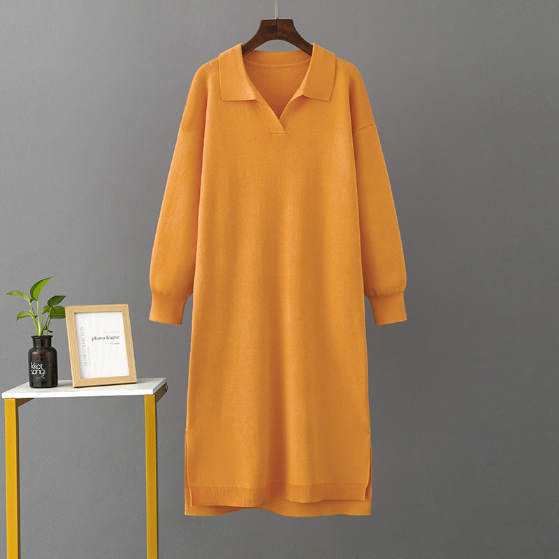 Autumn Winter Polo Collar Base Knitting Loose Solid Color Women Dress by Ragazza
