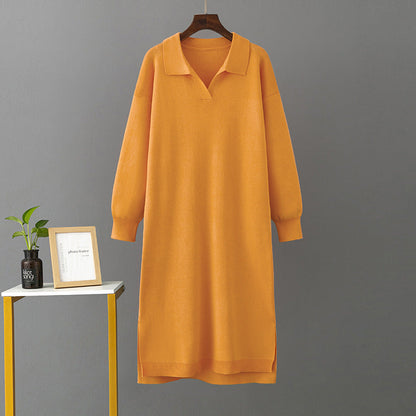 Autumn Winter Polo Collar Base Knitting Loose Solid Color Women Dress by Ragazza
