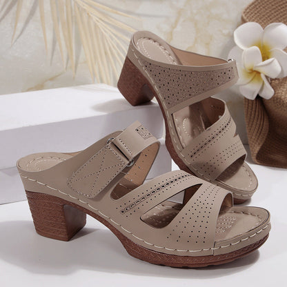Hollow Out Cutout out Wedge Slippers Women Stitching Velcro Beach Slippers  DestGlow