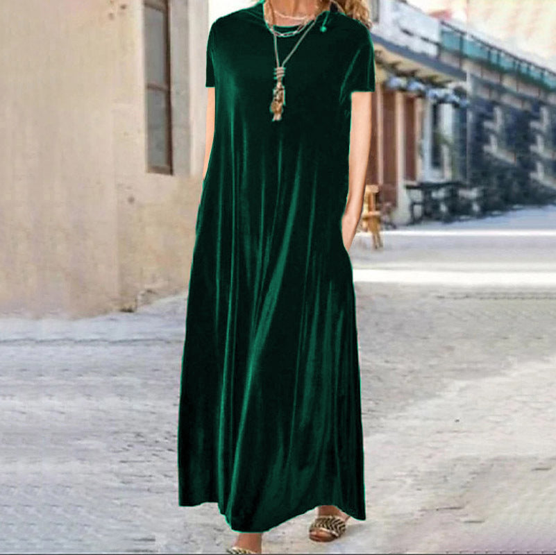 Spring Gold Velvet Slimming Crew Neck Maxi Dress by Ragazza