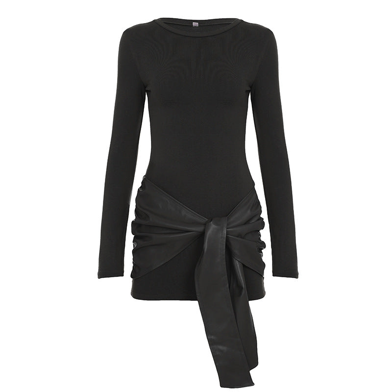 Women Solid Color Leather Stitching Tight Long Sleeved Dress Mature Sexy Pullover Sheath Lace Dress by Ragazza