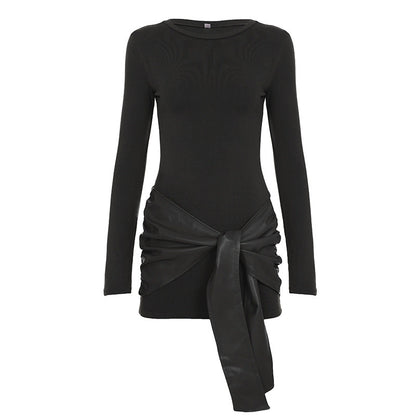 Women Solid Color Leather Stitching Tight Long Sleeved Dress Mature Sexy Pullover Sheath Lace Dress by Ragazza