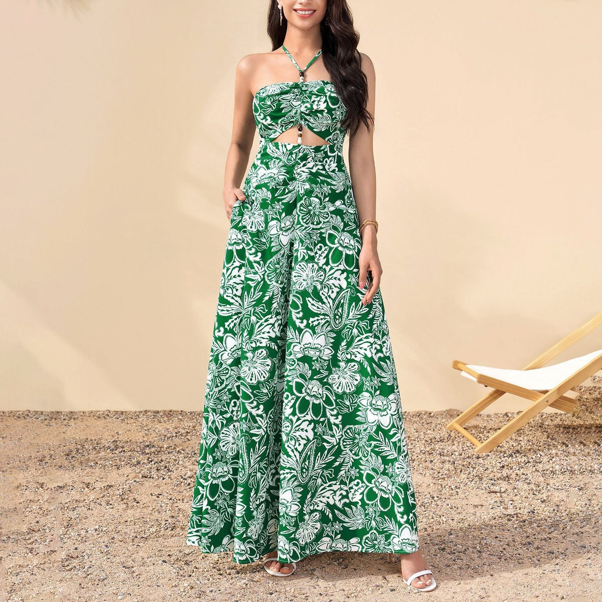 Summer Printed Halter Dress Sexy Sexy Backless Hollow Out Cutout out Cinched Vacation Maxi Dress  DestGlow