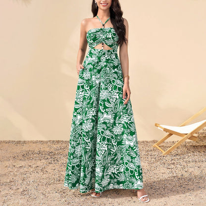 Summer Printed Halter Dress Sexy Sexy Backless Hollow Out Cutout out Cinched Vacation Maxi Dress  DestGlow