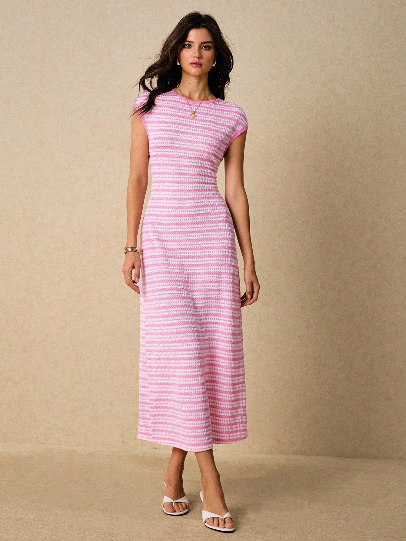 Casual Multicolor Striped Waist round Neck Short Sleeve Long Pattern Women Dress  DestGlow