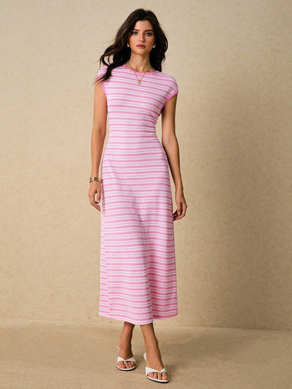 Casual Multicolor Striped Waist round Neck Short Sleeve Long Pattern Women Dress  DestGlow