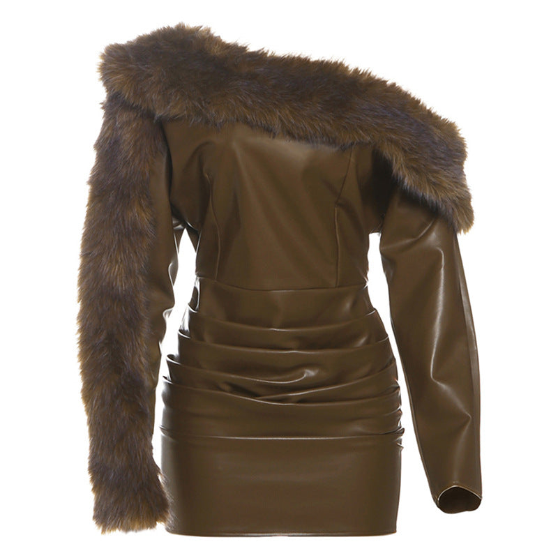 Autumn Winter Women Fur Collar Long Sleeve Solid Color Pleated Sexy off Shoulder Sexy Dress by Ragazza