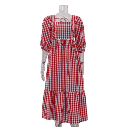 Autumn Red Plaid Square Collar Half Sleeve Lace up French Dress Women Casual Dress by Ragazza
