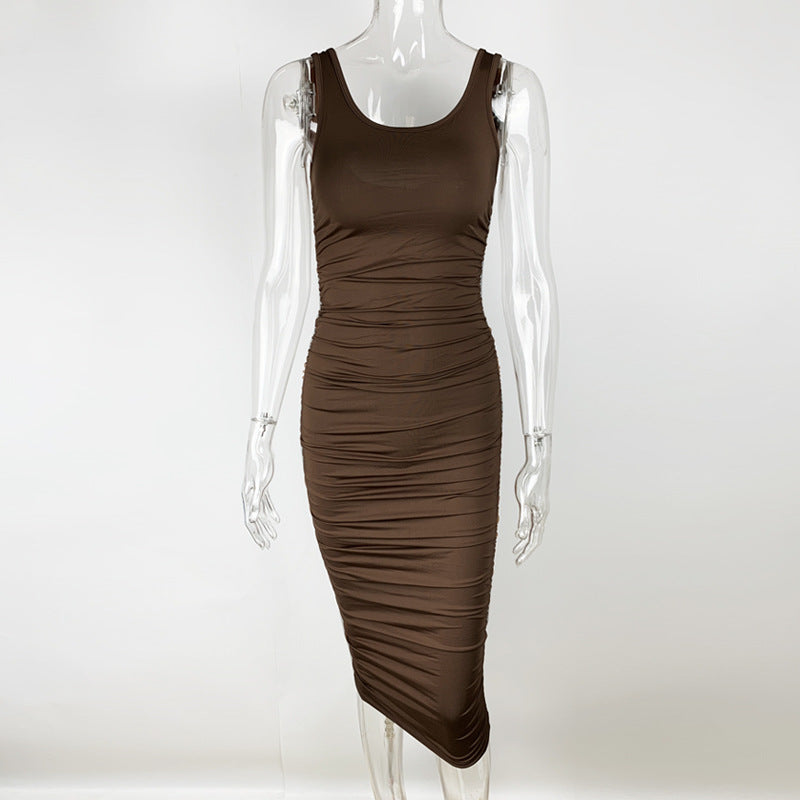 Summer Sexy Women Wear Solid Color Tight Backless Sleeveless Pleated Dress by Ragazza
