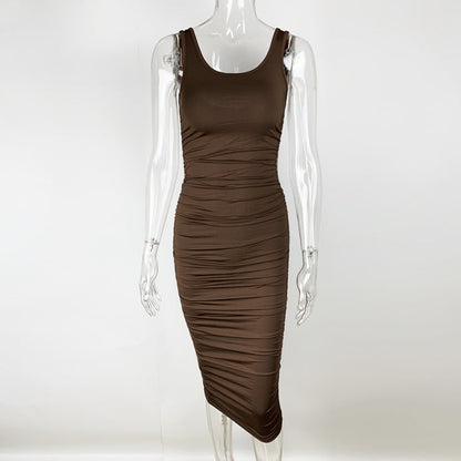 Summer Sexy Women Wear Solid Color Tight Backless Sleeveless Pleated Dress by Ragazza