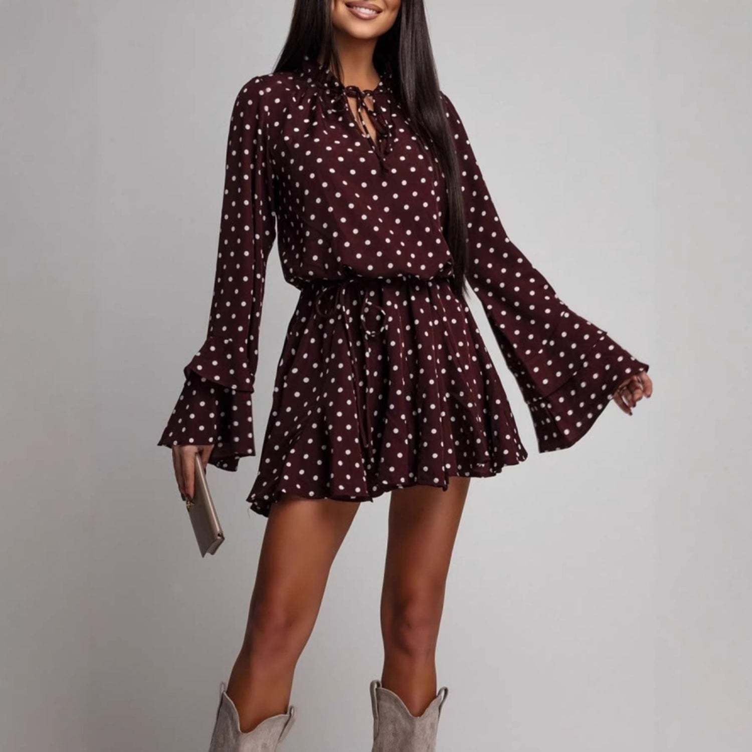 Women Polka Dot V neck Long Sleeve Dress  DestGlow