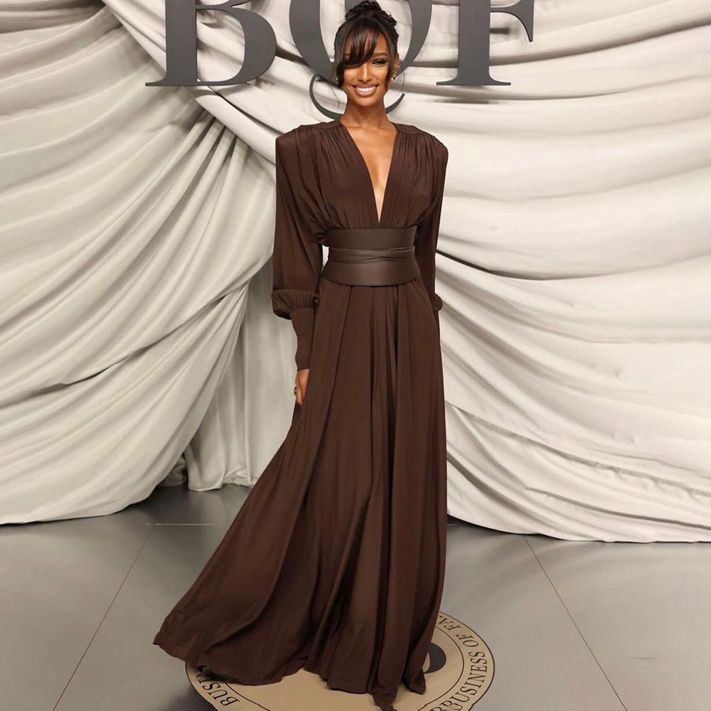 Spring Summer Chocolate Design Waist Seal Pleated Dress Brown Women Dress by Ragazza