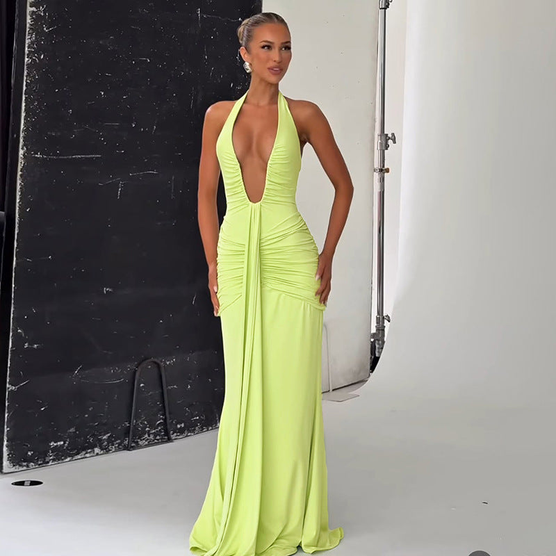 Spring Summer Women Elegant Sexy Deep V Plunge neck Halter Slim Pleated Dress Women by Ragazza