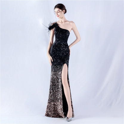 Dress Gradient Velvet Bottom Sequin Craft Order Ostrich Feather One Shoulder Diagonal Collar High Fork Evening Dress by Ragazza