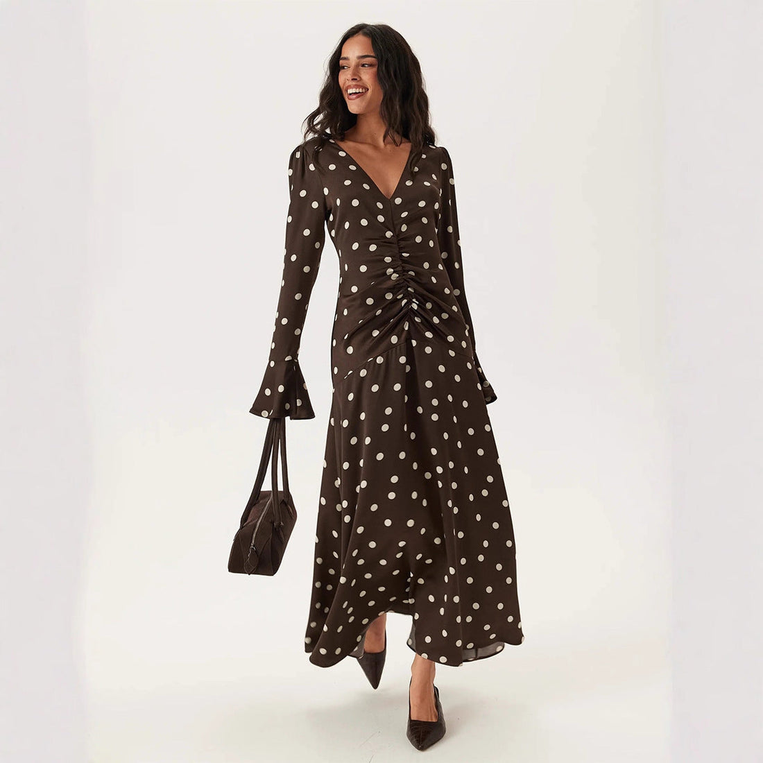 Polka Dot Long Sleeve Dress Summer Women Pleating V neck Flared Sleeves Waist Dress by Ragazza