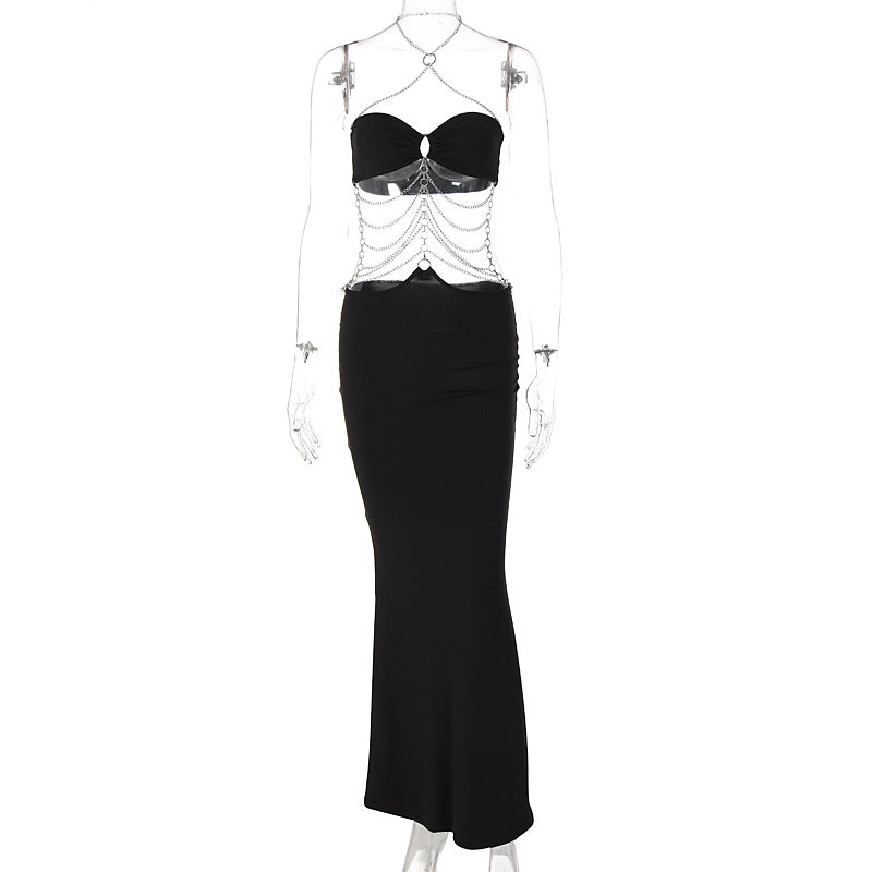 Autumn Winter Explosion Metal Chain Halter Wrapped Chest Hollow Out Cutout Dress Women by Ragazza