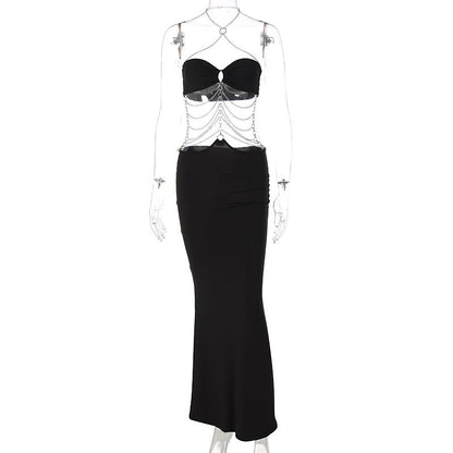 Autumn Winter Explosion Metal Chain Halter Wrapped Chest Hollow Out Cutout Dress Women by Ragazza