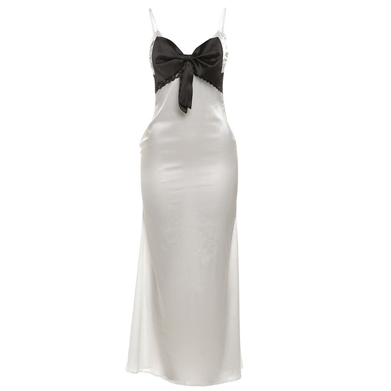 Fall Women Clothing Sexy V neck Contrast Color Bow Slim Fit Backless Strap Dress by Ragazza