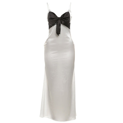 Fall Women Clothing Sexy V neck Contrast Color Bow Slim Fit Backless Strap Dress by Ragazza