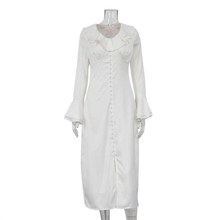 Women Clothing Spring French Ruffled V neck Bell Sleeve Single Breasted Elegant Slim Dress for Women by Ragazza