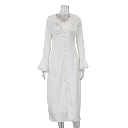 Women Clothing Spring French Ruffled V neck Bell Sleeve Single Breasted Elegant Slim Dress for Women by Ragazza