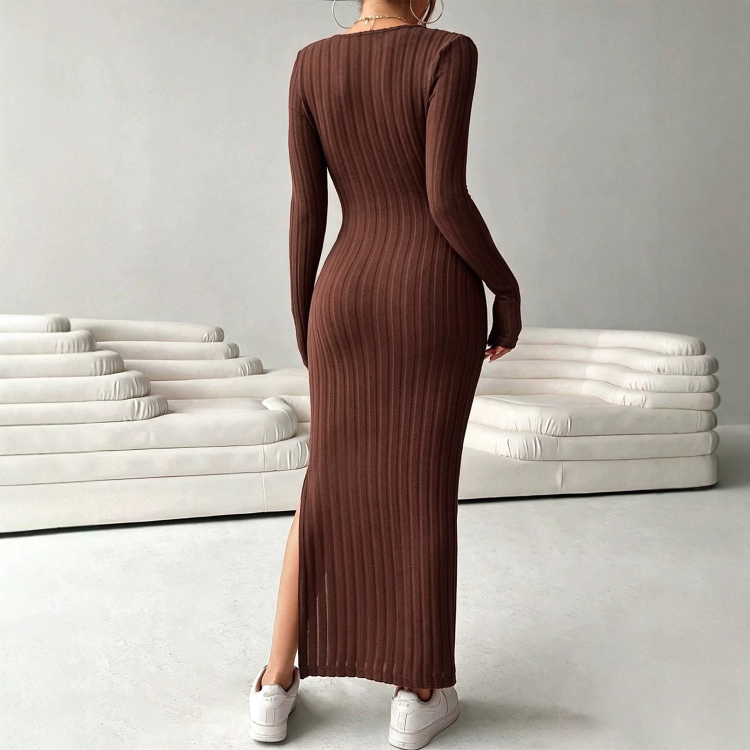 Autumn Winter Deep V Plunge neck Knitted Dress Women Long Sleeved Waist Slimming Slit Sheath Dress  DestGlow