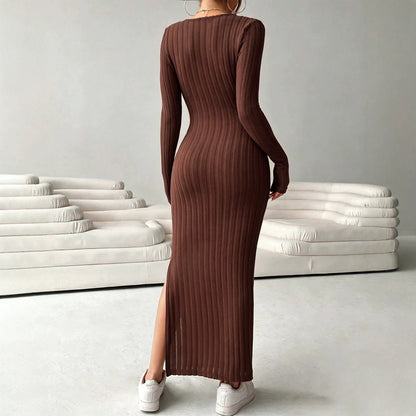 Autumn Winter Deep V Plunge neck Knitted Dress Women Long Sleeved Waist Slimming Slit Sheath Dress  DestGlow